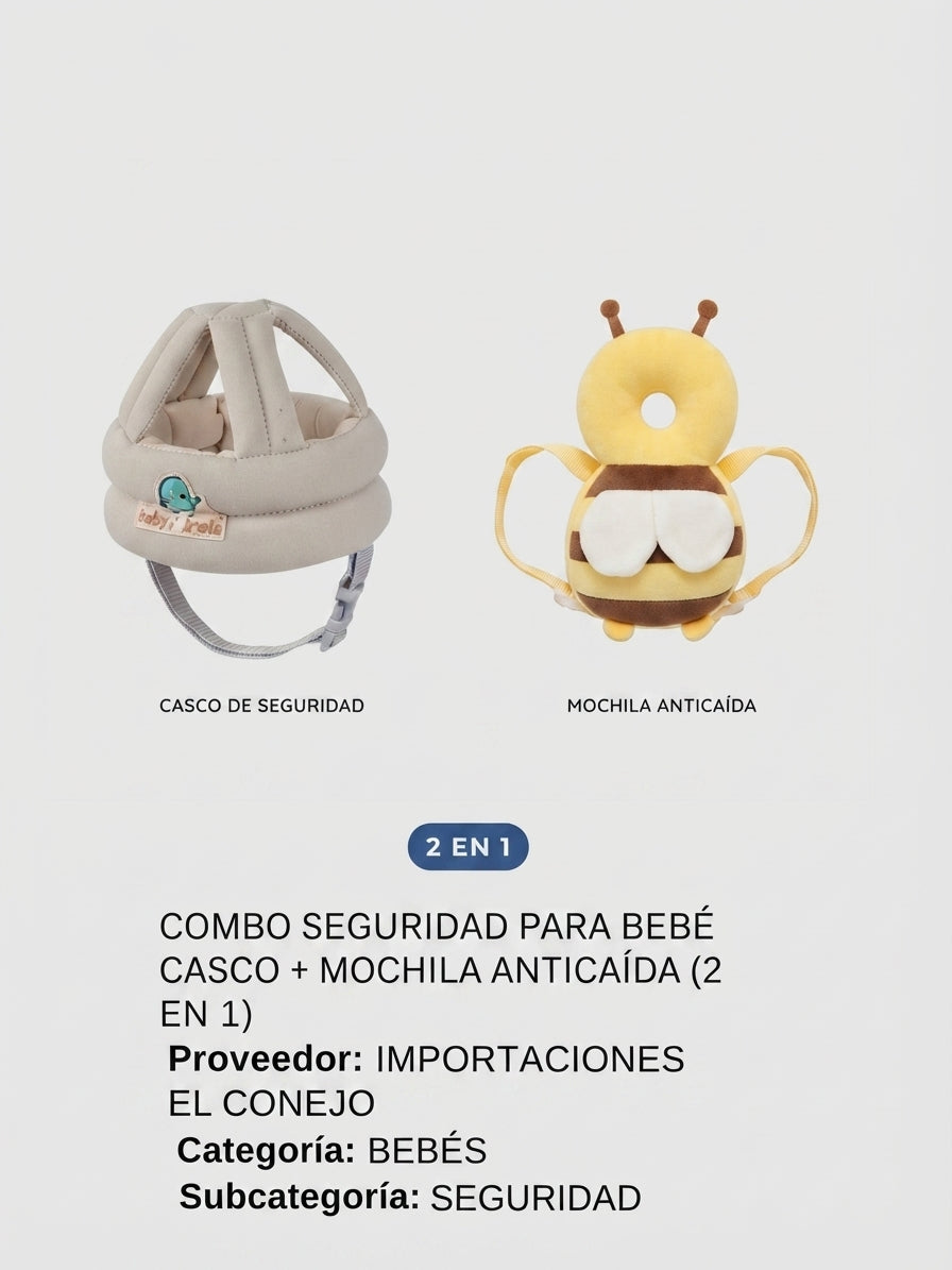 COMBO SEGURIDAD PARA BEBÉ CASCO + MOCHILA ANTICAÍDA (2 EN 1)