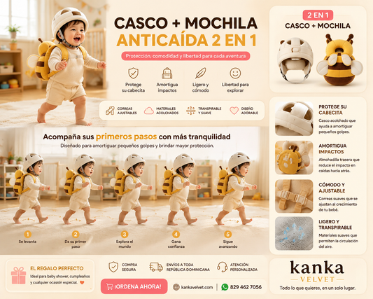 COMBO SEGURIDAD PARA BEBÉ CASCO + MOCHILA ANTICAÍDA (2 EN 1)